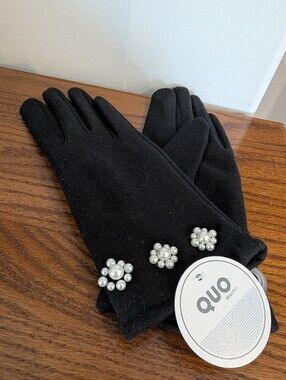 Black Knit gloves With Pretty faux-pearl embellishments Tech Compatible OS